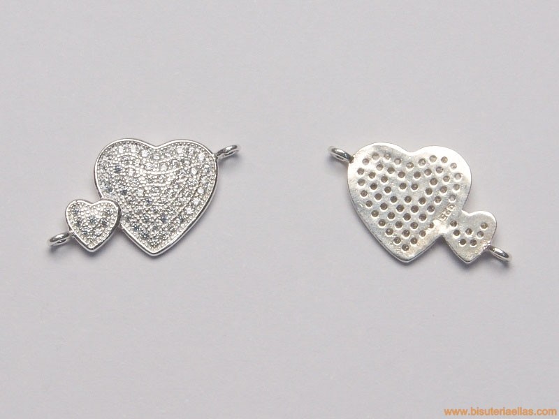 Conector corazones con circonitas en plata 17mm