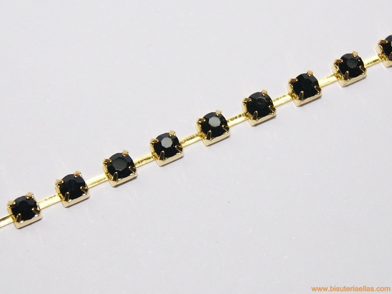 Cadena cristal engastado negro 3mm dorada